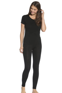 Woman wearing black short sleeve Pima cotton loungewear set with leggings