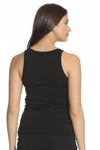 Woman wearing black Pima cotton racerback tank top, back view, loungewear sleepwear