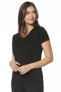 Woman wearing a black short sleeve Pima cotton loungewear tee against white background
