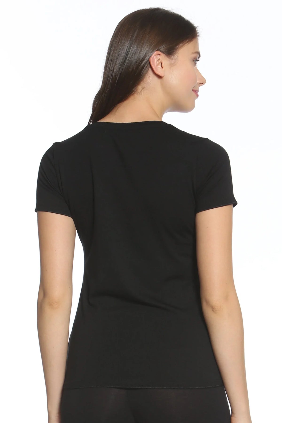 Woman wearing a black short sleeve Pima cotton loungewear tee, back view