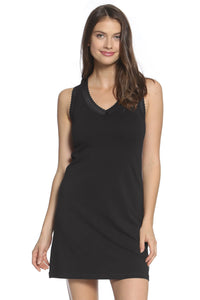 Woman wearing black sleeveless Pima cotton loungewear sleep dress with lace trim