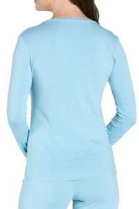 Sky blue long sleeve Pima cotton loungewear top and pants, back view on person