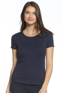 Woman wearing navy blue short sleeve Pima cotton loungewear tee