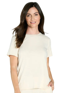 Woman wearing an almond beige short sleeve Pima cotton loungewear sleep tee