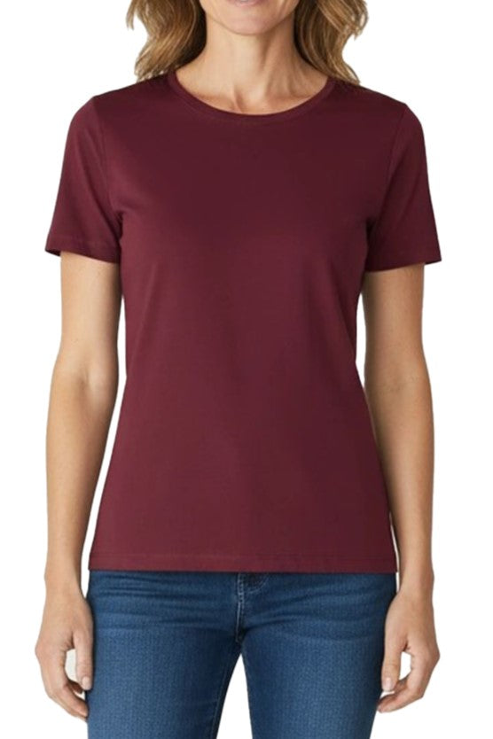 Burgundy short sleeve crew neck  t-shirt worn by a woman on a white background