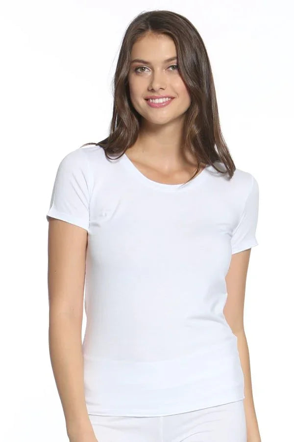 Woman wearing white Pima cotton short sleeve loungewear sleepwear tee