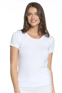 Woman wearing white Pima cotton short sleeve loungewear sleepwear tee
