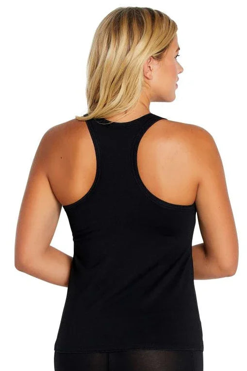 Woman wearing black racerback Pima cotton tank top loungewear, back view