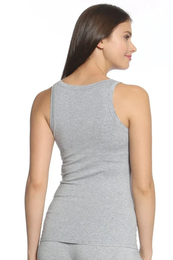 Woman wearing heather gray Pima cotton loungewear tank top and matching shorts