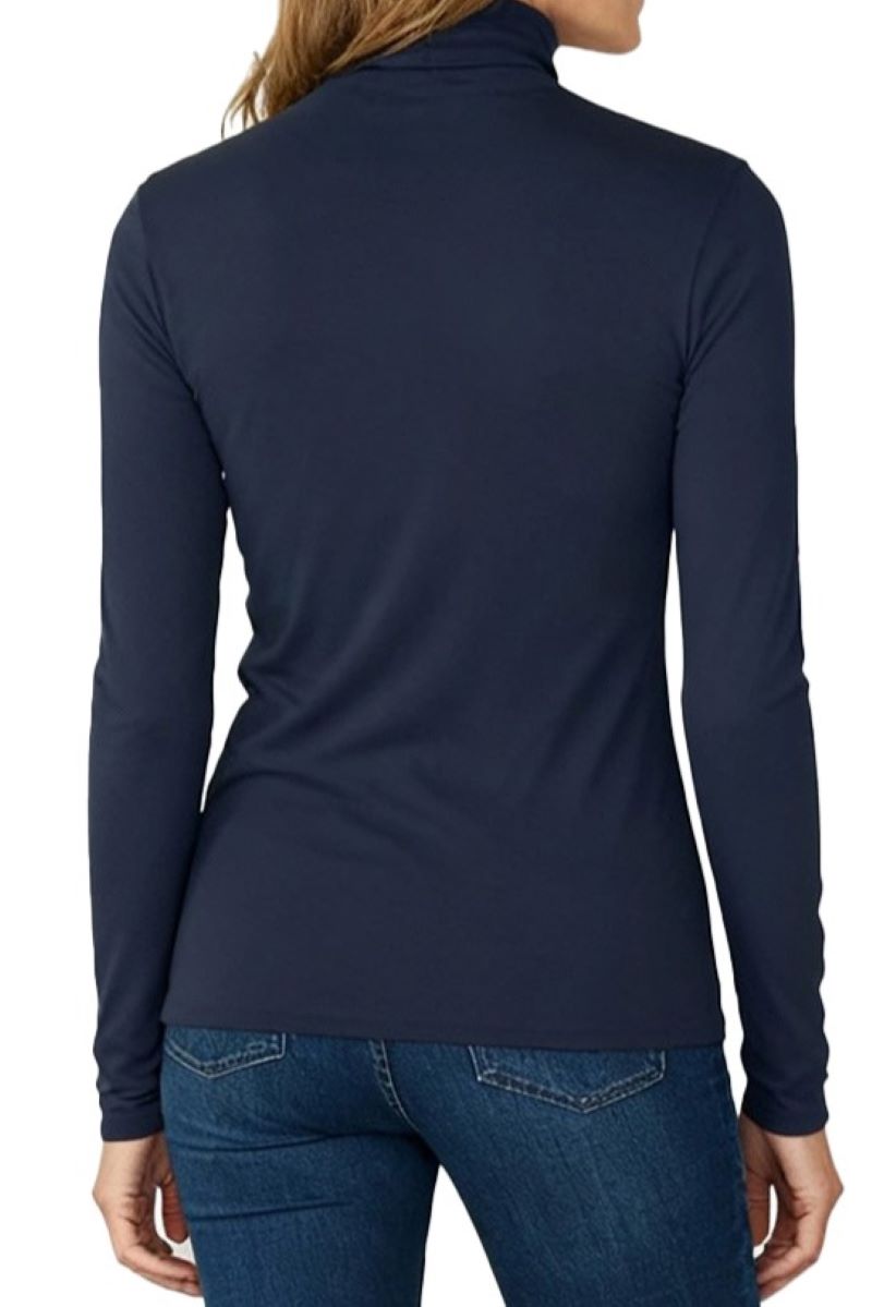 Navy long-sleeve turtle neck t-shirt worn by a woman on a white background