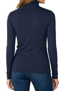 Navy long-sleeve turtle neck t-shirt worn by a woman on a white background