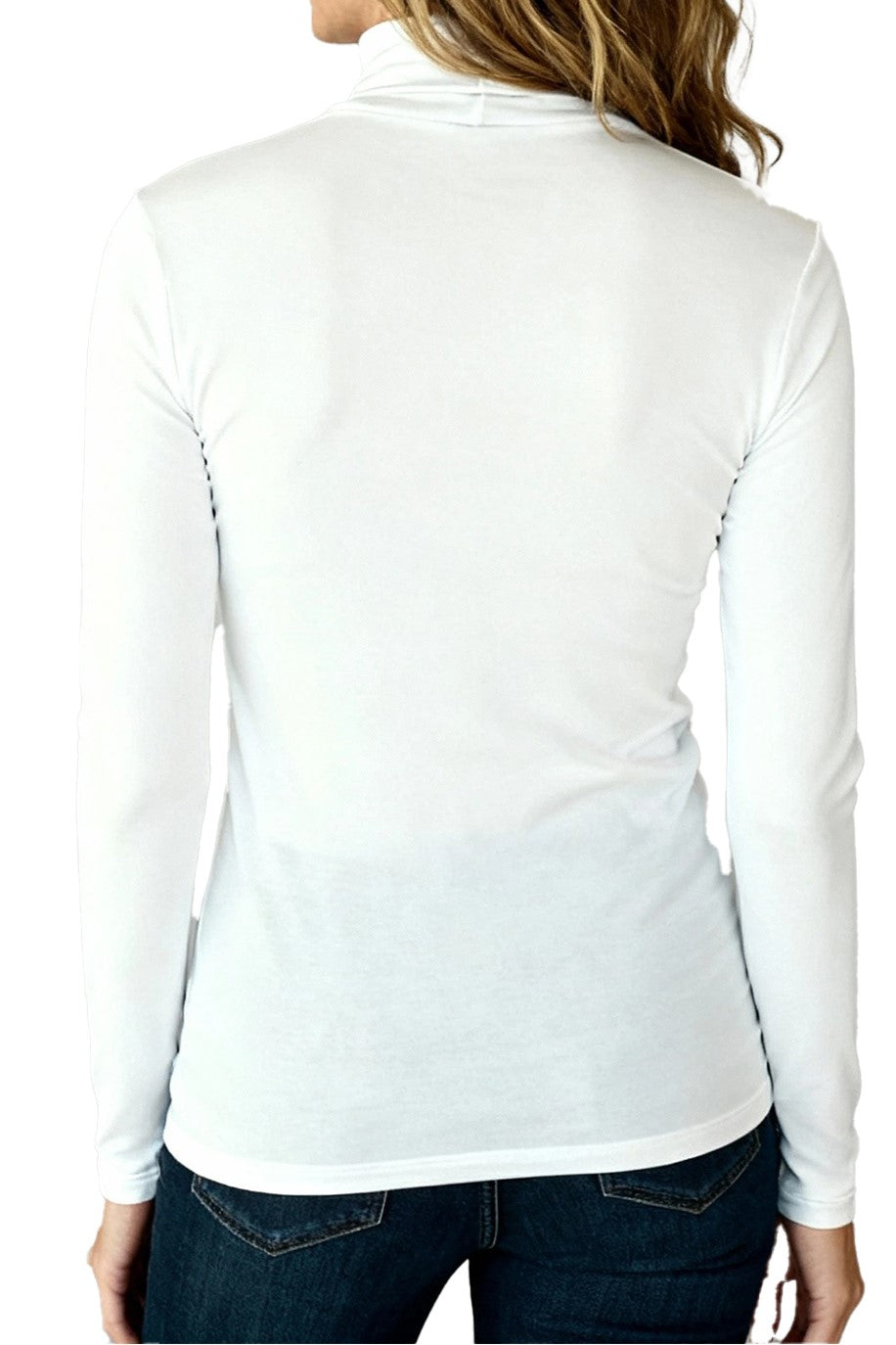 White long-sleeve turtle neck t-shirt shirt worn by a woman on a white background