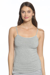 Woman wearing a heather grey Pima cotton camisole with spaghetti straps