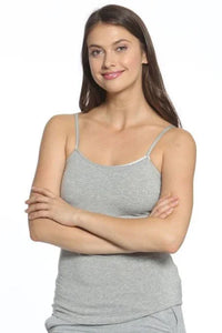 Woman wearing a heather gray Pima cotton camisole with spaghetti straps, front view