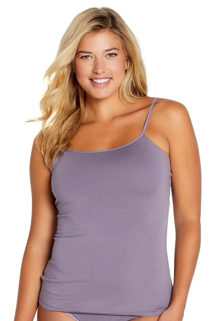 Woman wearing lavender Pima cotton camisole loungewear top, white background