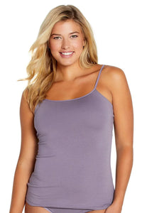 Woman wearing lavender Pima cotton camisole loungewear top, white background