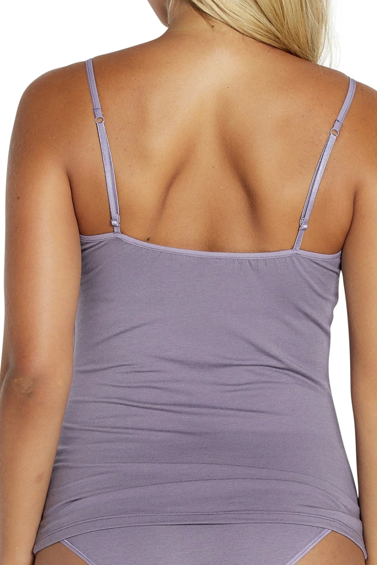 Back view of woman wearing lavender Pima cotton camisole and matching underwear