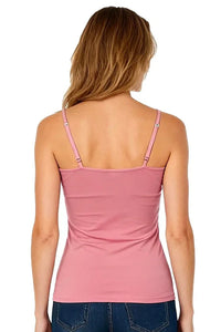 Woman wearing a silky rose pink camisole with adjustable straps, back view