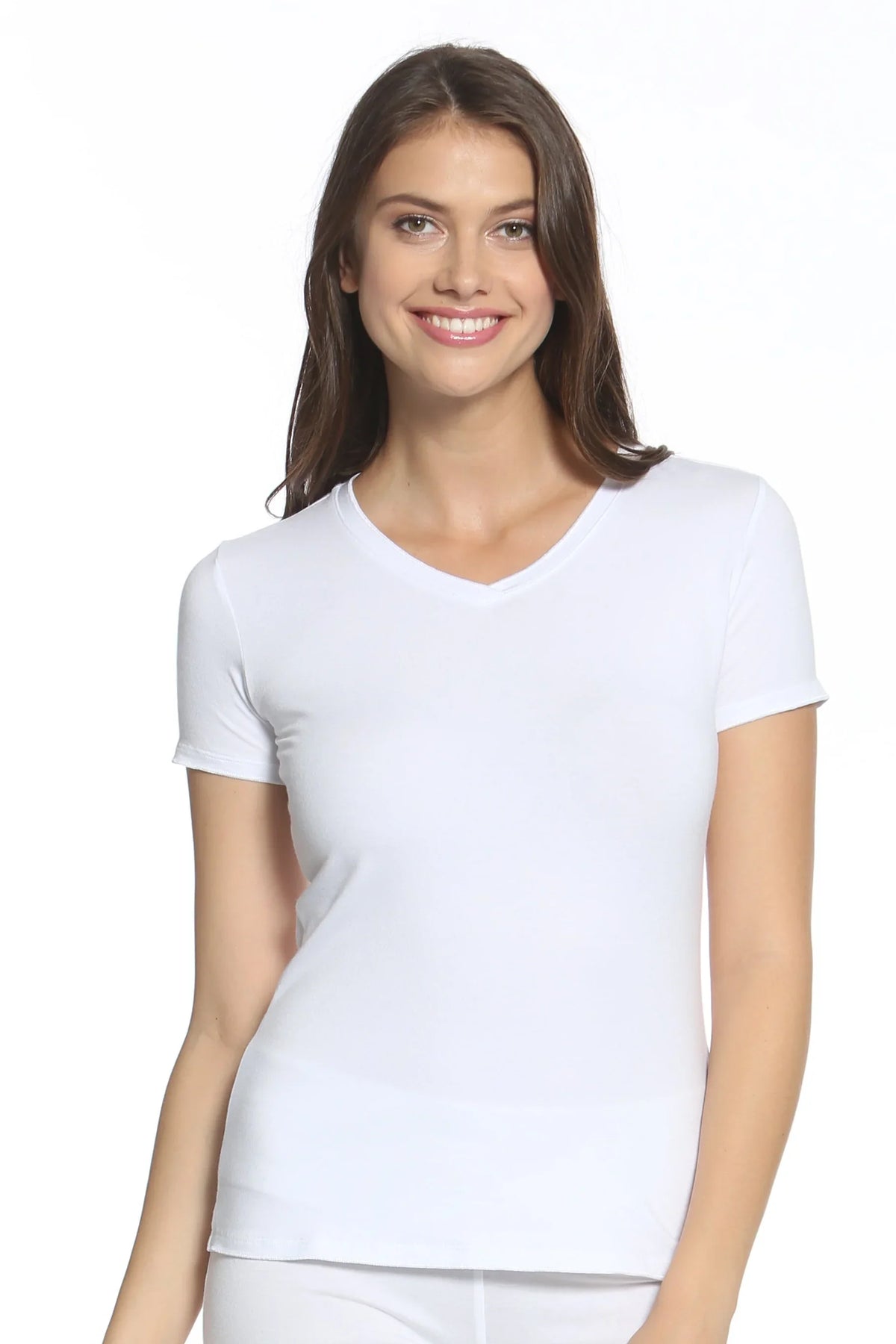Woman wearing a soft white short sleeve V-neck Pima cotton loungewear sleepwear top