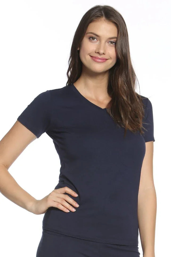 Woman wearing a midnight blue Pima cotton short sleeve loungewear tee