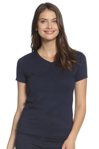 Woman wearing navy blue short-sleeve Pima cotton loungewear tee, relaxed fit