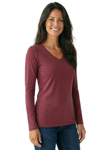 Woman wearing a long-sleeve burgundy V-neck Pima cotton loungewear top and blue jeans