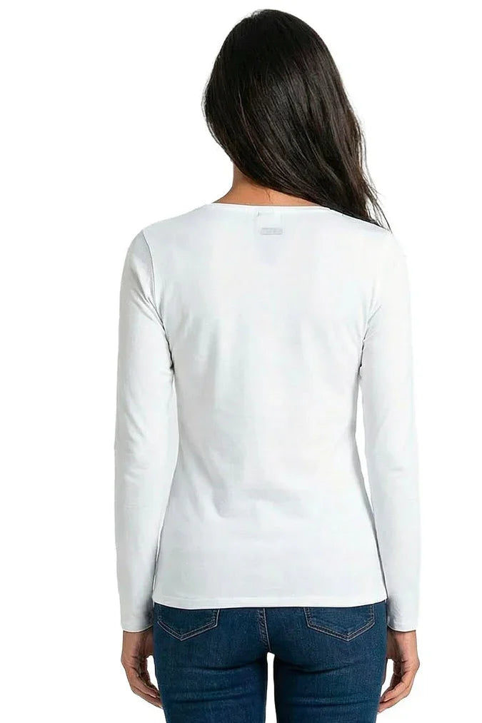 Woman wearing a white long-sleeve Pima cotton tee and blue jeans, back view