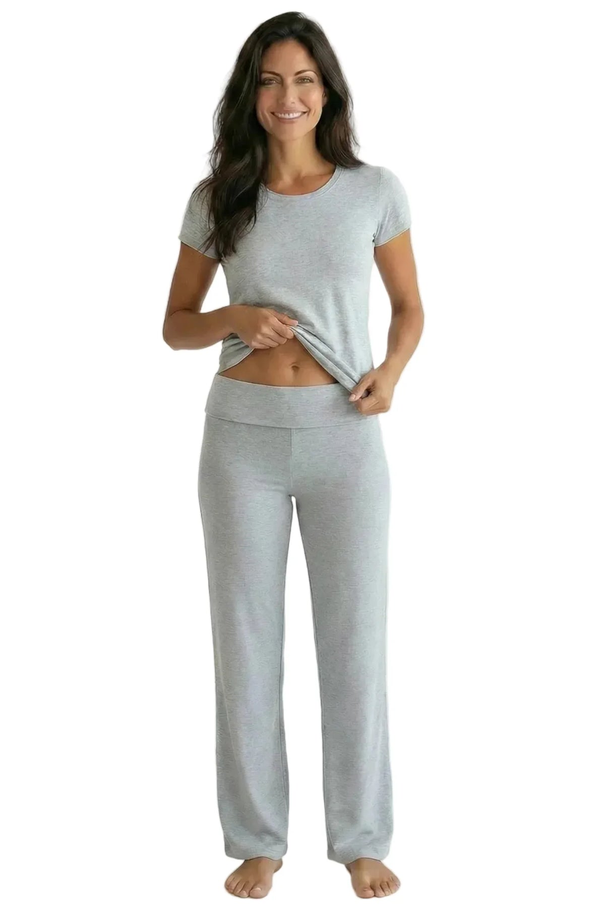 Woman wearing heather gray Pima cotton loungewear set with short sleeve top and pants