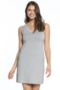 Woman wearing a grey sleeveless Pima cotton loungewear nightdress with lace trim