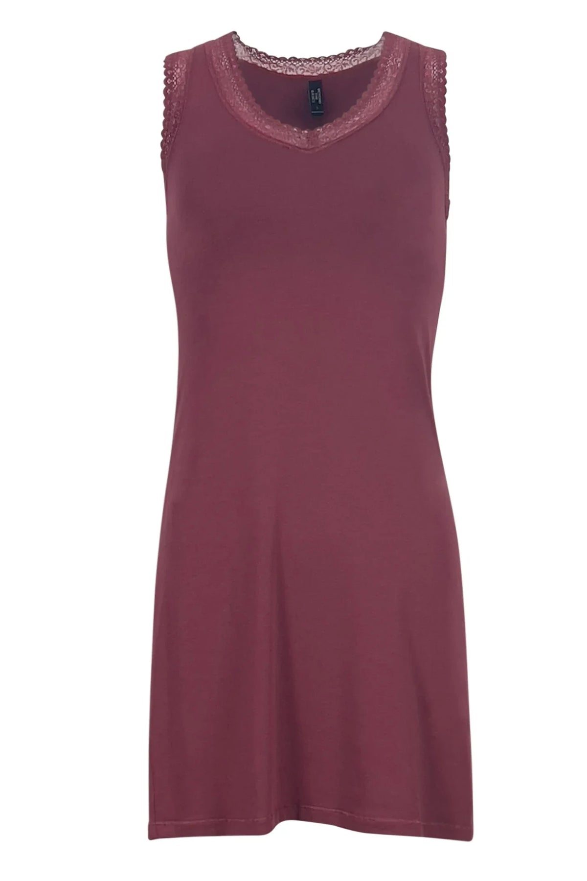 Bordeaux sleeveless Pima cotton loungewear dress with lace trim neckline and armholes