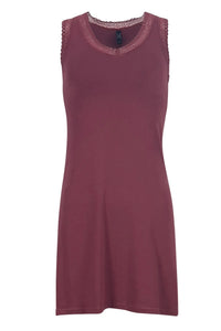 Bordeaux sleeveless Pima cotton loungewear dress with lace trim neckline and armholes