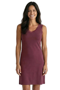 Woman wearing sleeveless bordeaux Pima cotton loungewear sleep dress with lace trim