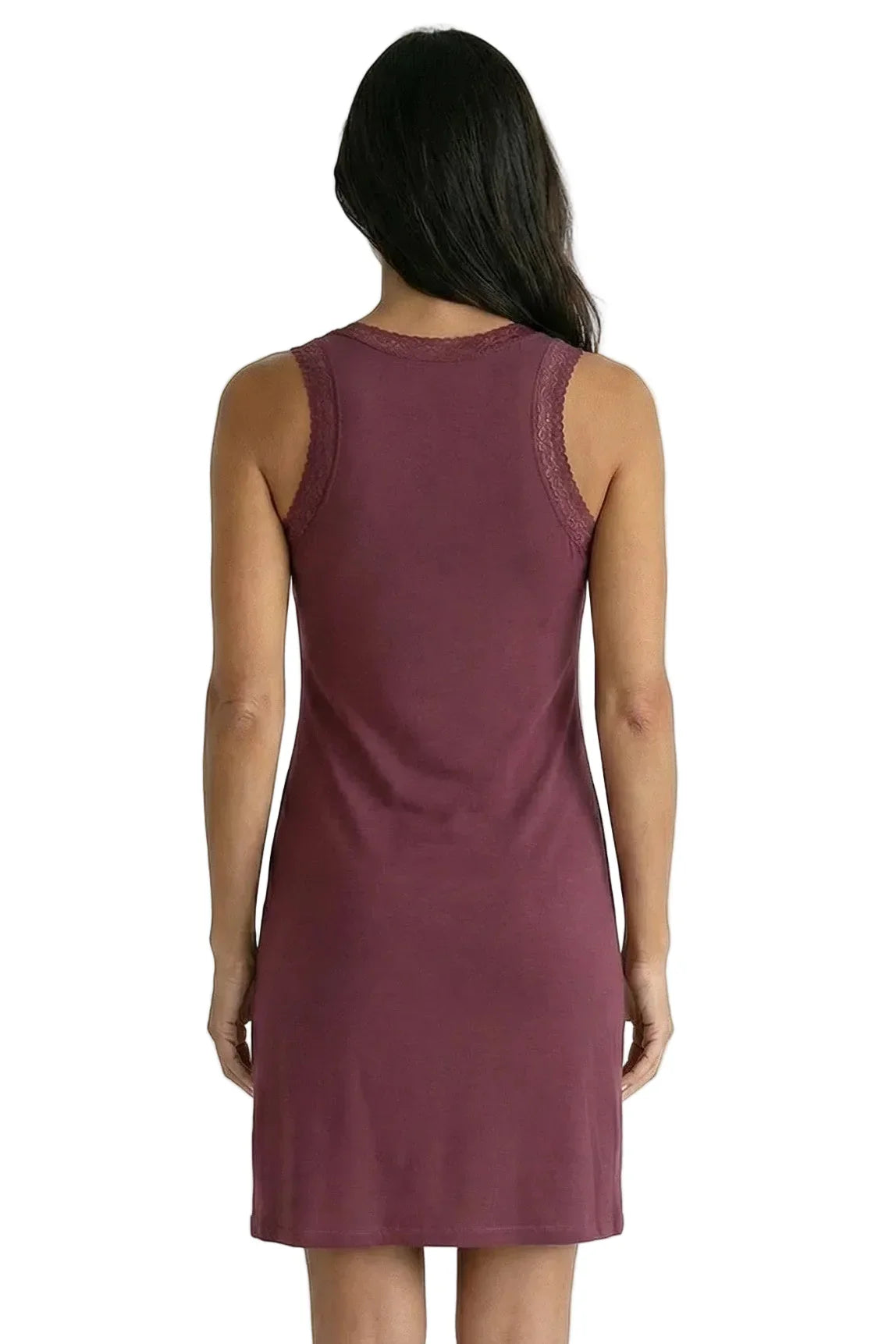 Back view of woman in sleeveless Bordeaux Pima cotton loungewear nightdress with lace trim