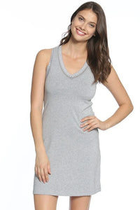 Woman wearing a heather gray sleeveless Pima cotton loungewear sleep dress with lace trim