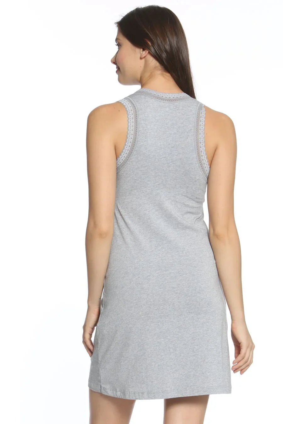 Woman wearing heather gray sleeveless cotton loungewear nightdress, back view