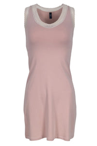 Shell pink sleeveless loungewear dress with white lace trim neckline and armholes