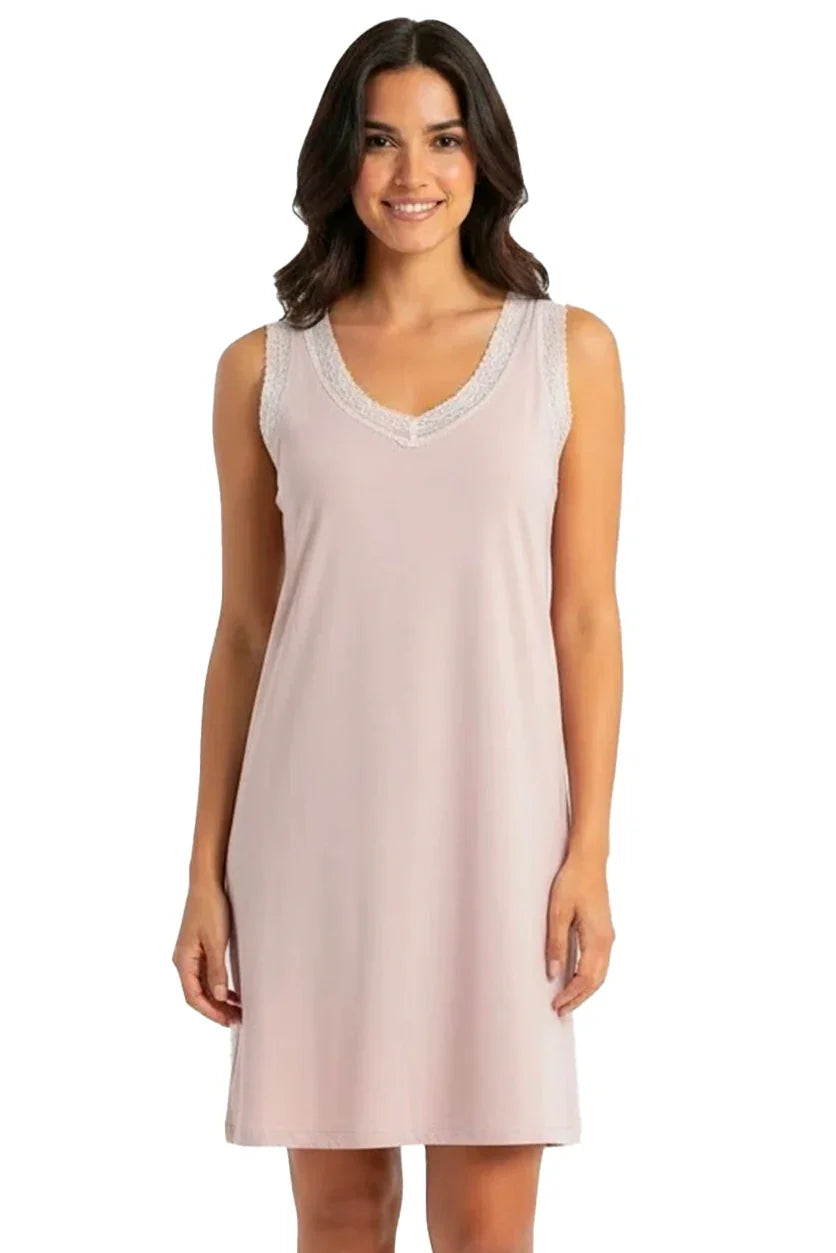 Sleeveless shell pink nightgown with lace trim and V-neck, Pima cotton loungewear.