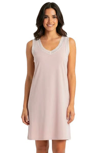 Sleeveless shell pink nightgown with lace trim and V-neck, Pima cotton loungewear.