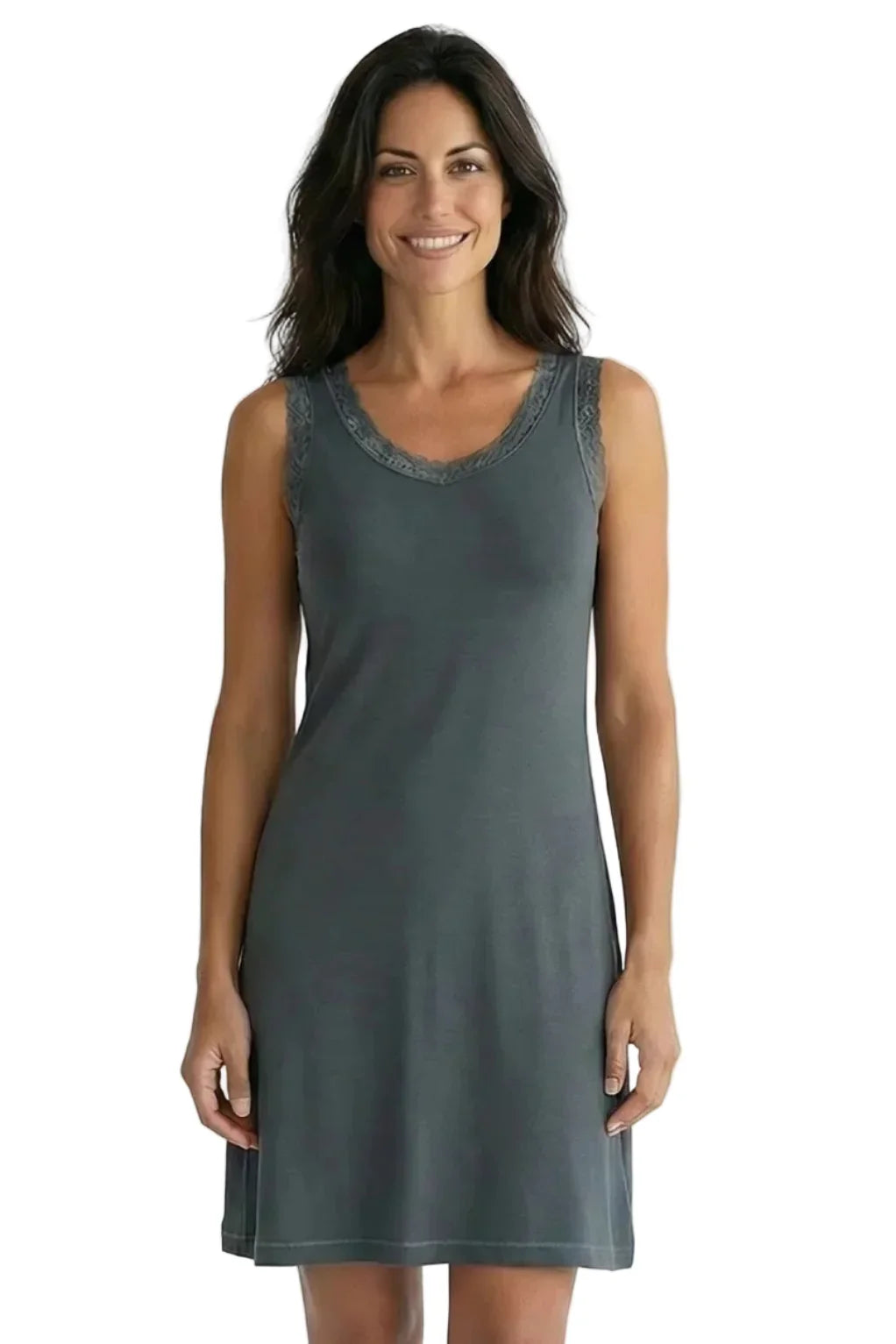 Woman wearing sleeveless grey loungewear sleep dress with lace trim, standing and smiling