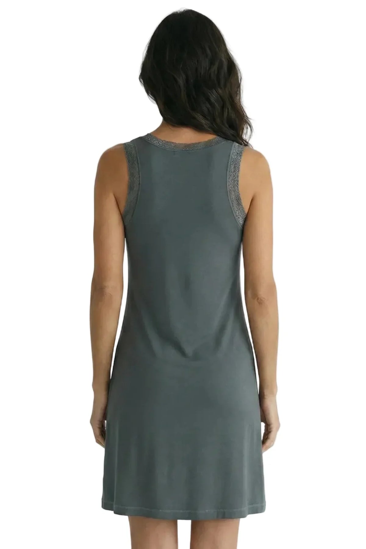 Back view of a woman wearing a sleeveless, dark gray Pima cotton loungewear dress with lace trim.