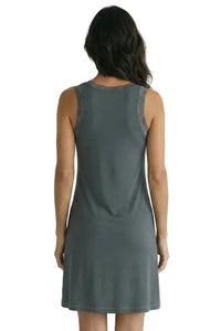 Back view of a woman wearing a sleeveless, dark gray Pima cotton loungewear dress with lace trim.