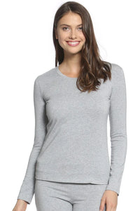 Woman wearing heather gray long sleeve Pima cotton loungewear set, smiling
