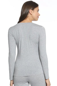 Woman wearing heather gray long-sleeve Pima cotton loungewear set, back view