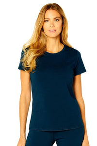 Woman wearing a insignia blue short sleeve Pima cotton loungewear tee and matching bottoms
