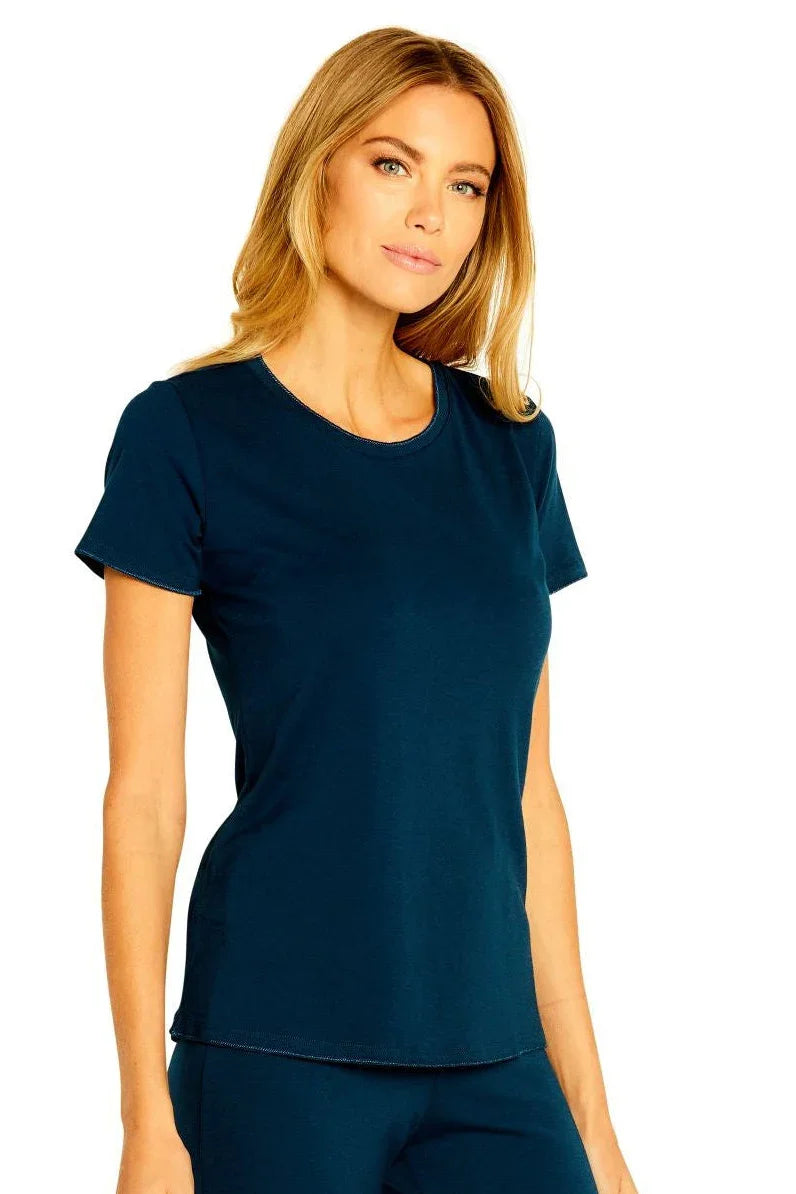 Woman wearing soft insignia blue Pima cotton loungewear short sleeve sleepwear tee