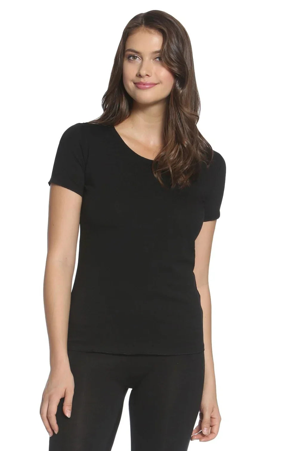 Woman wearing black short sleeve Pima cotton loungewear tee and leggings