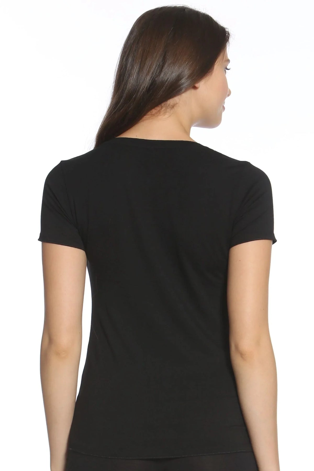 Back view of a woman wearing a black short sleeve Pima cotton loungewear tee