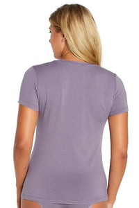 Woman wearing lavender short sleeve Pima cotton sleepwear tee and matching underwear, back view