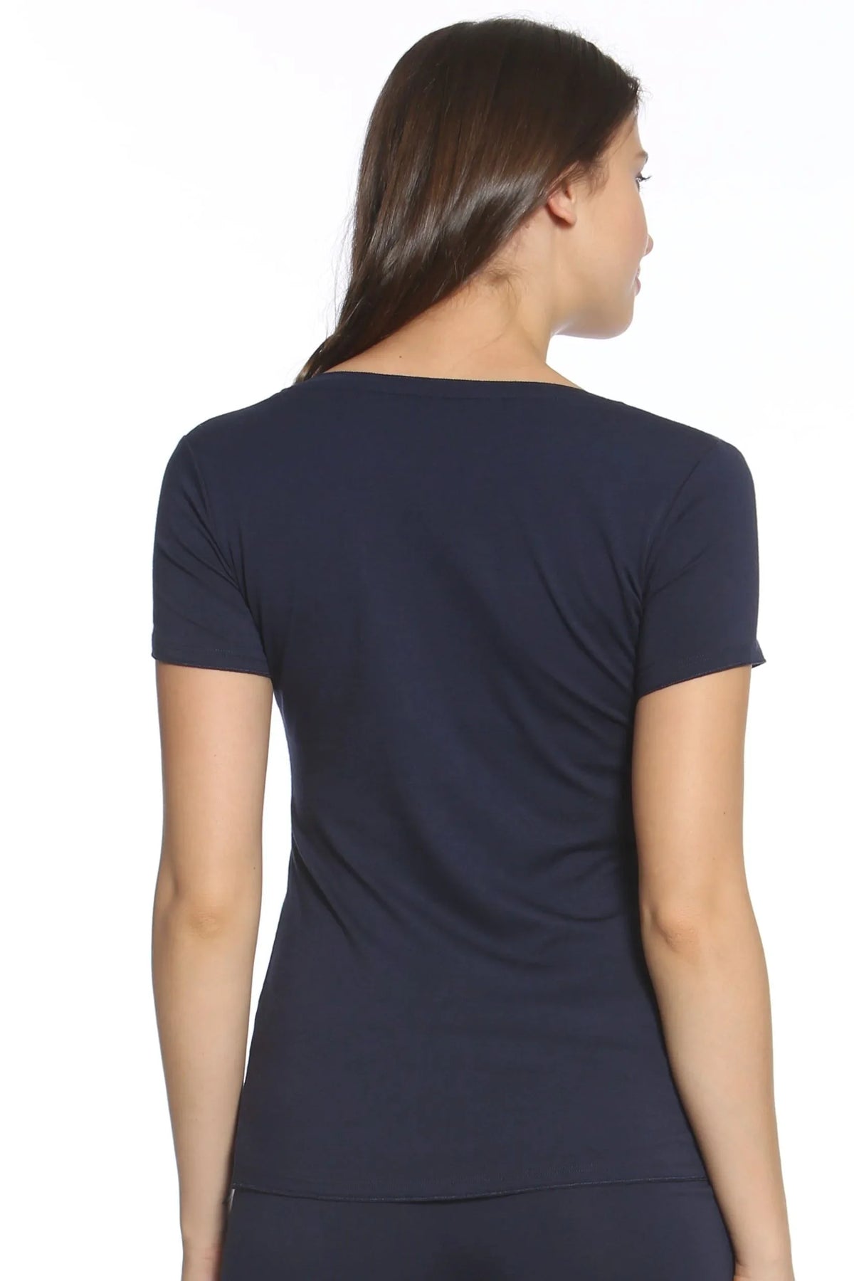 Woman wearing midnight blue short sleeve Pima cotton loungewear tee, back view