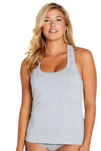 Woman wearing heather gray Pima cotton racerback lounge tank and matching underwear
